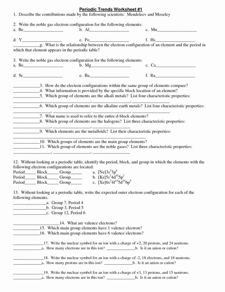 Periodic Trends Worksheet Answers Key