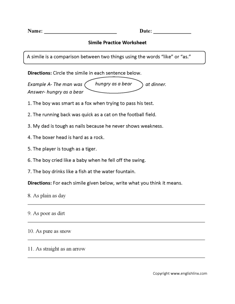 Metaphor Worksheets For Grade 6