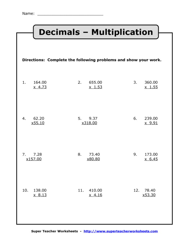 Math Worksheets Grade 6 Multiplying Decimals