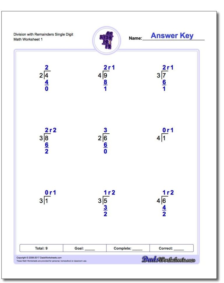 Division With Remainders Worksheet With Answers