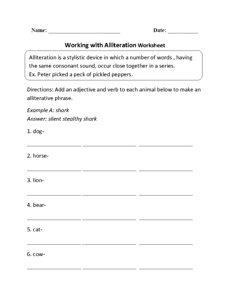 Alliteration Worksheets Grade 5