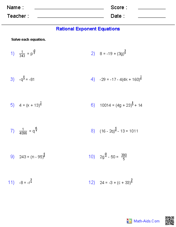 Simplifying Rational Exponents Worksheet