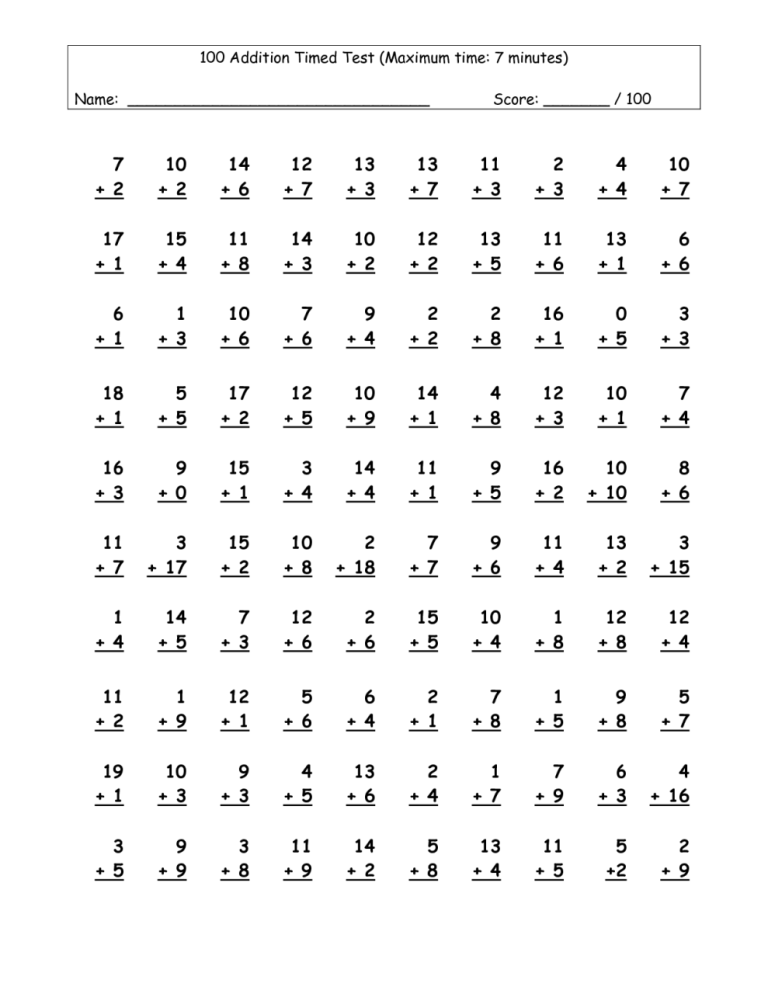 Multiplication Timed Test Free Printable