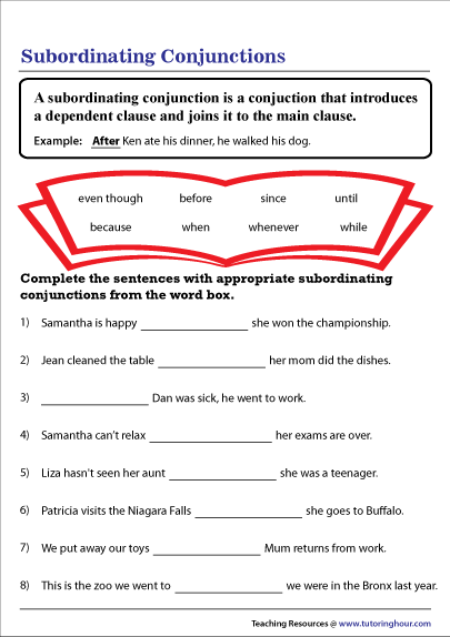 Subordinating Conjunctions Worksheet 5th Grade