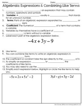 Practice Combining Like Terms Worksheet Answer Key