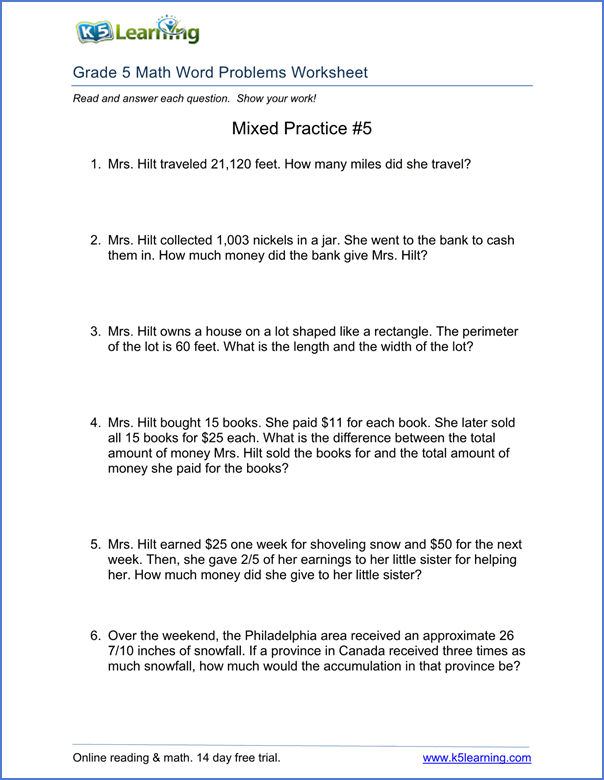 5th Grade Multiplication Word Problems Grade 5