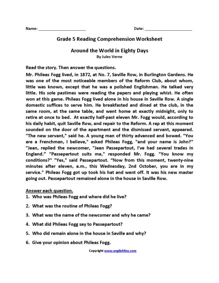 Reading Comprehension Worksheets 5th Grade Printable