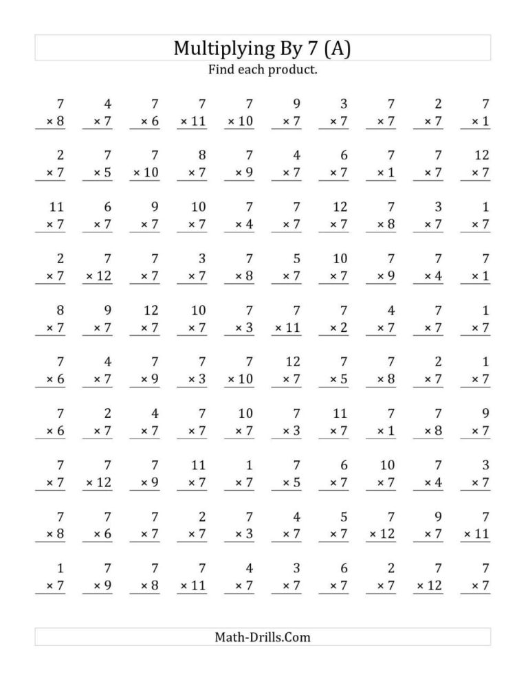 Math Drills Multiplication By 7