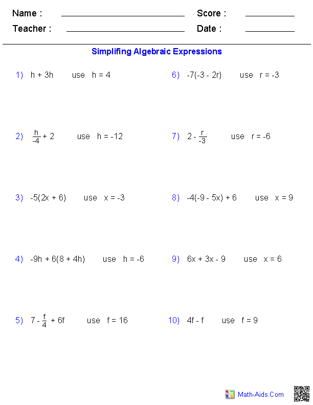 Algebraic Expressions Worksheets With Answers