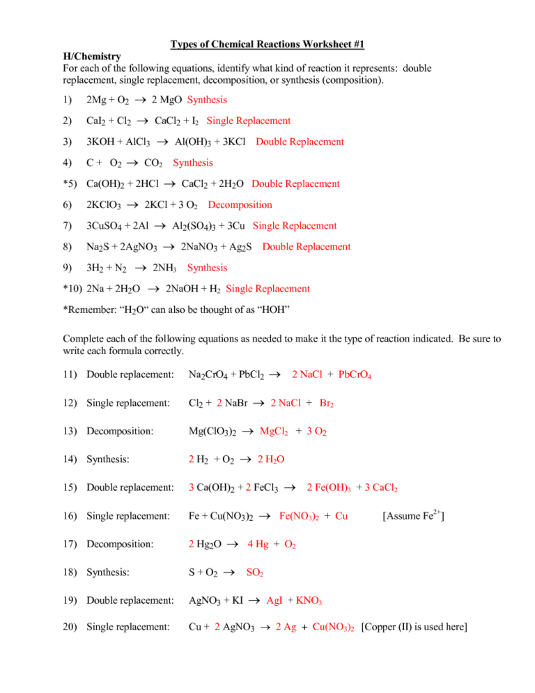 Single Replacement Reaction Worksheet Answers Key