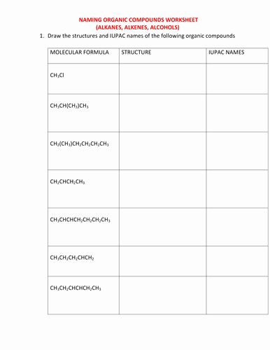 Naming And Drawing Organic Compounds Worksheet