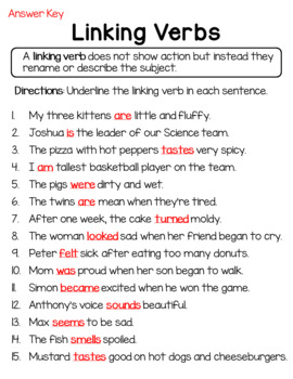 Linking Verbs Worksheet Answer Key