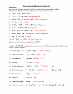 Identifying Types Of Chemical Reactions Worksheet