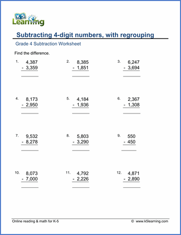 Printable Subtraction Worksheets For Grade 4