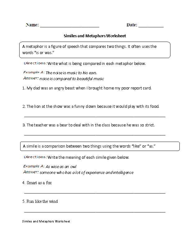 Similes Worksheet With Answers