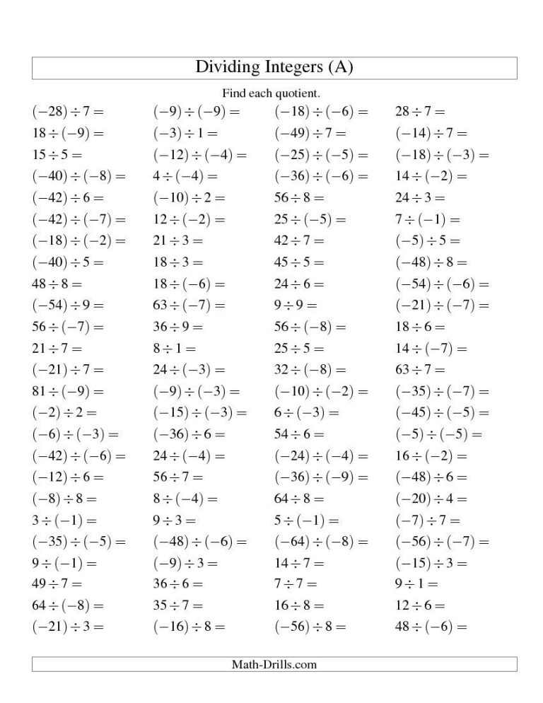 8th Grade Integers Worksheet Class 8