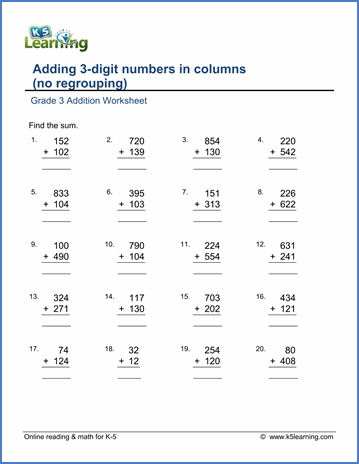 Addition Worksheets For Grade 3 No Regrouping