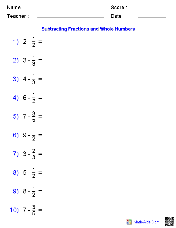 Subtracting Fractions Worksheets Grade 5