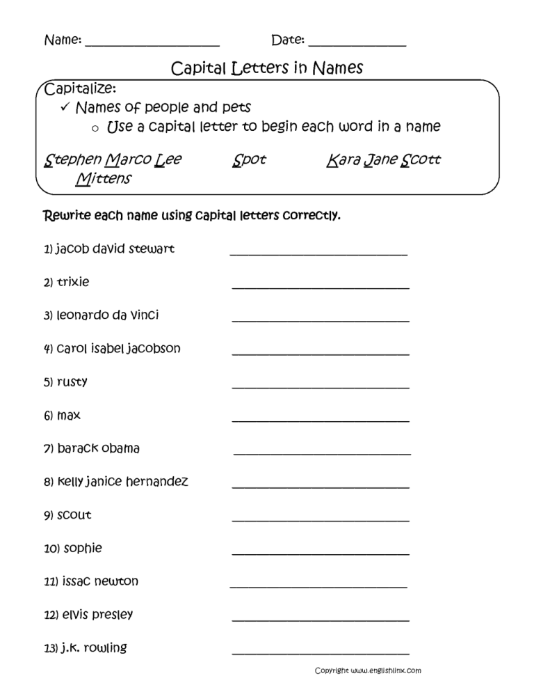 Capital Letters Worksheet 3rd Grade