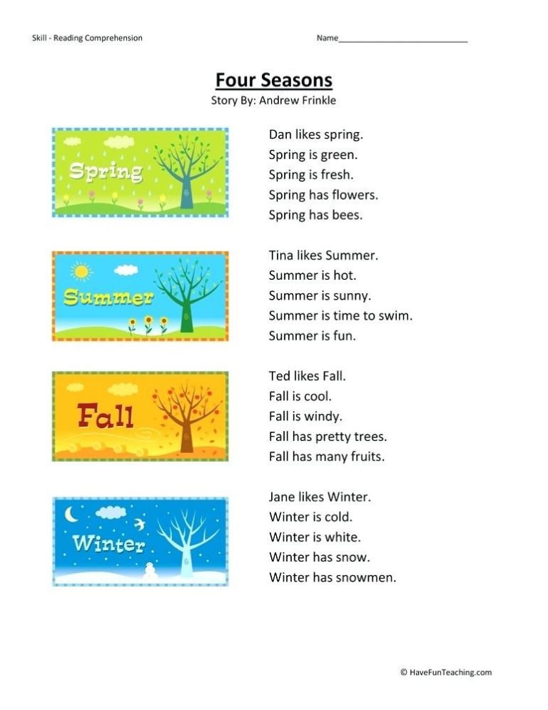 Seasons Worksheets For Grade 1