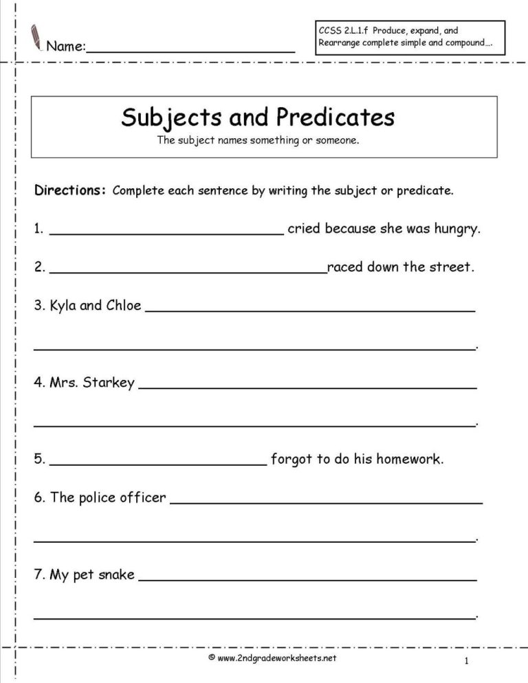 1st Grade Subject And Predicate Worksheets With Answers