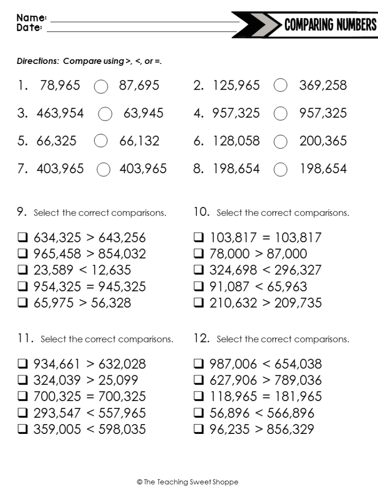 Comparing Numbers Worksheets Grade 5