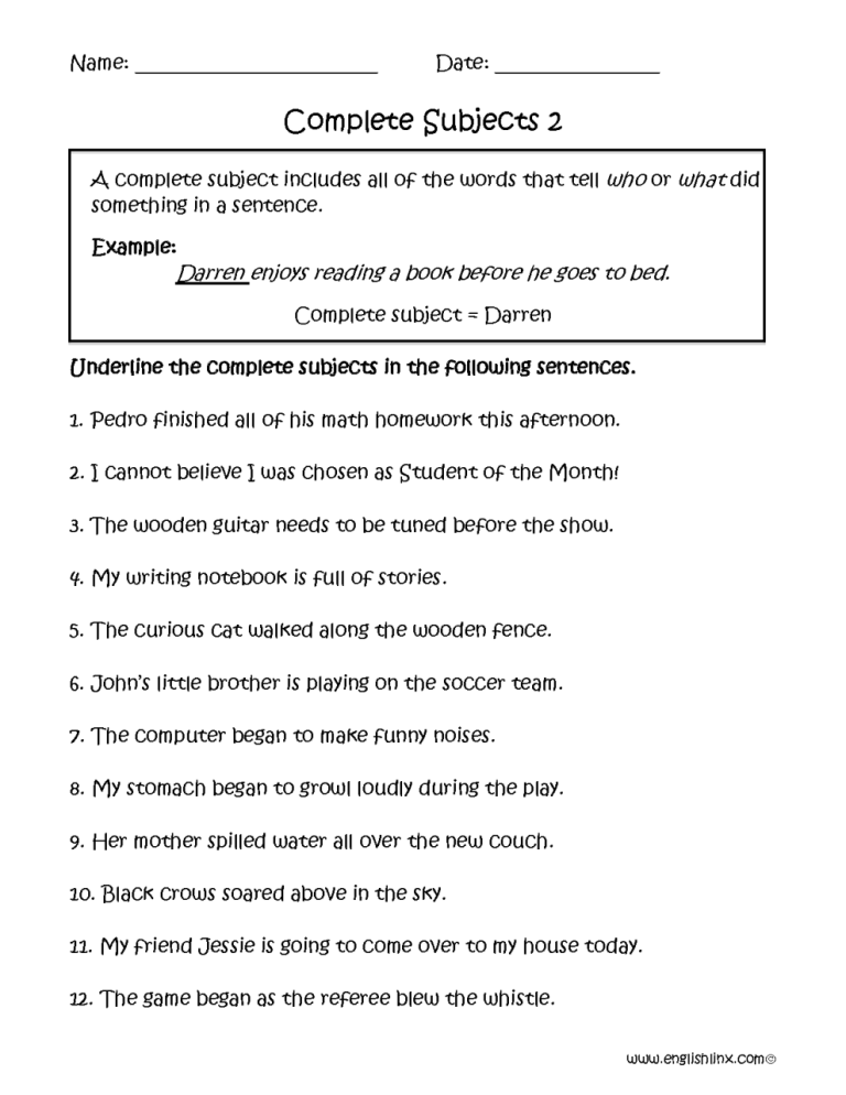 Subject And Predicate Worksheet 2nd Grade Free