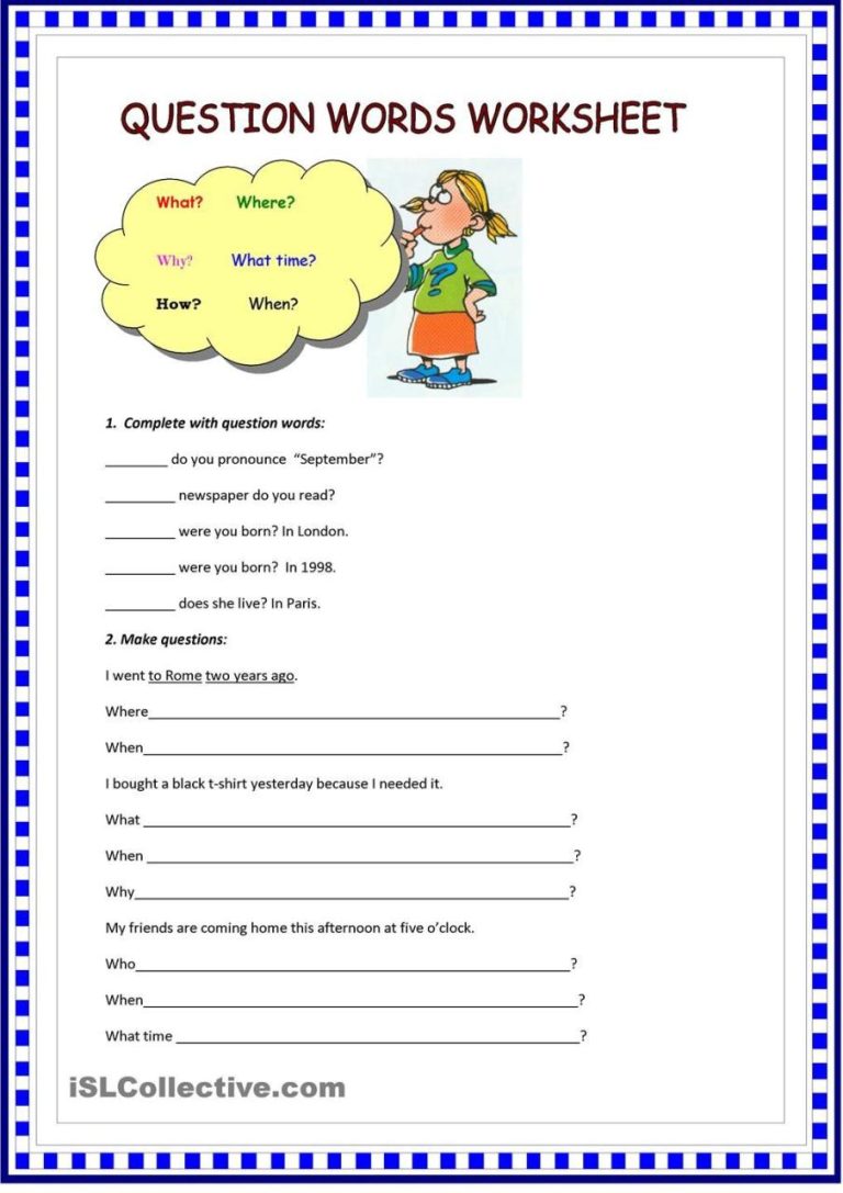 Question Words Worksheet Kindergarten