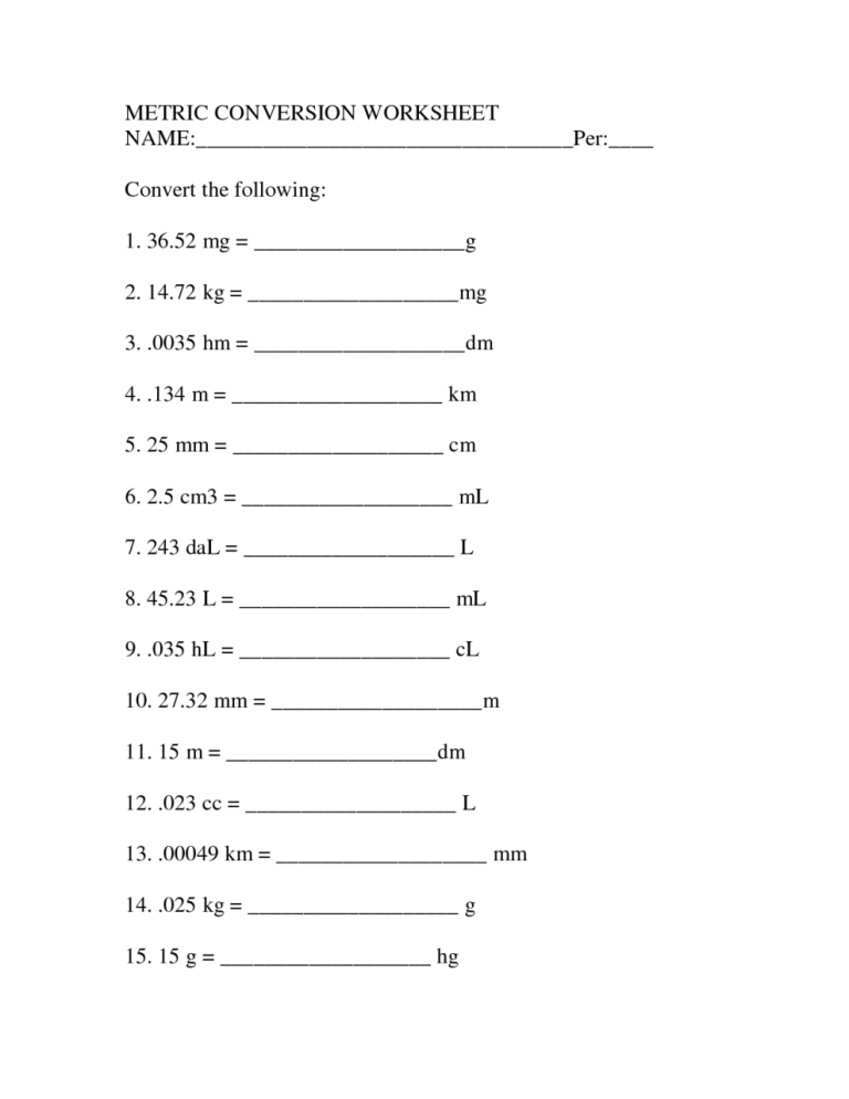 Metric System Metric Conversion Worksheet 1 Answer Key