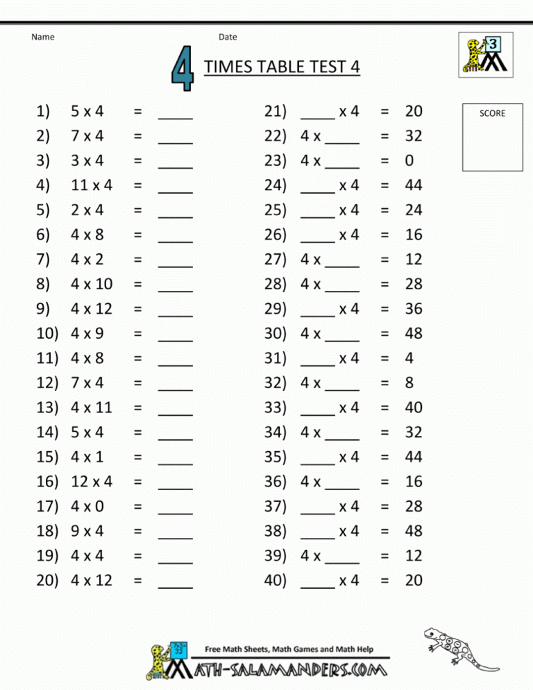 4 Times Table Worksheets Printable