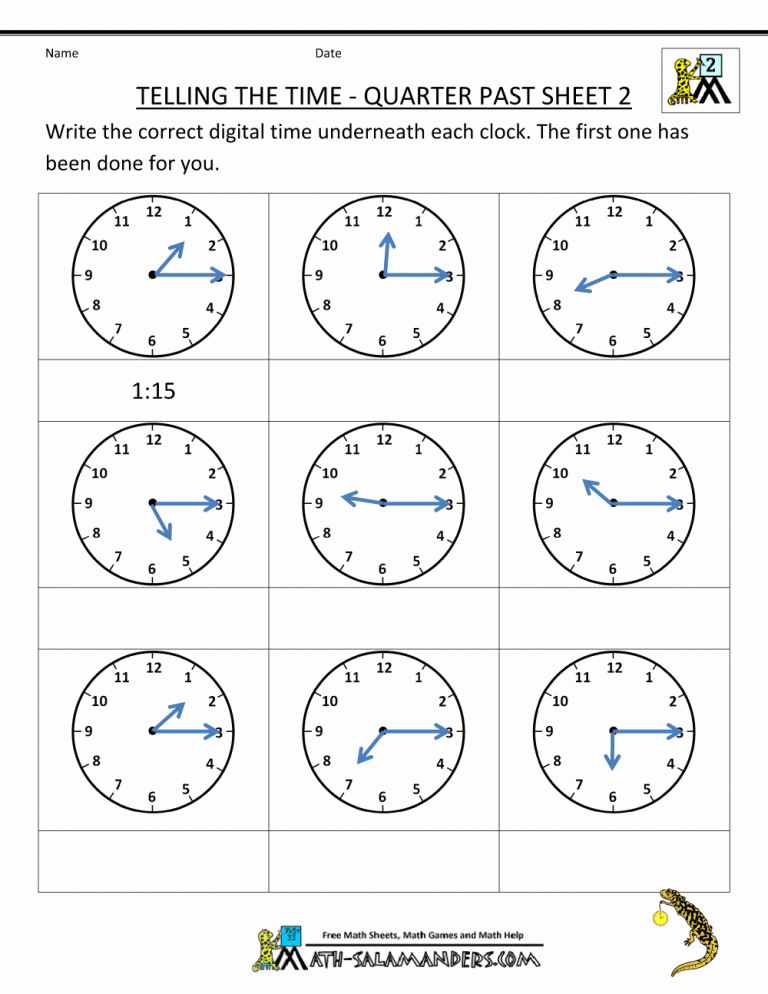 Math Worksheets For Grade 2 Clock