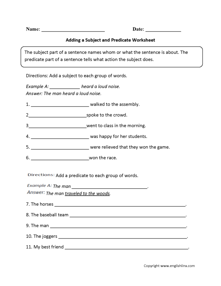 5th Grade Subject And Predicate Worksheet Pdf