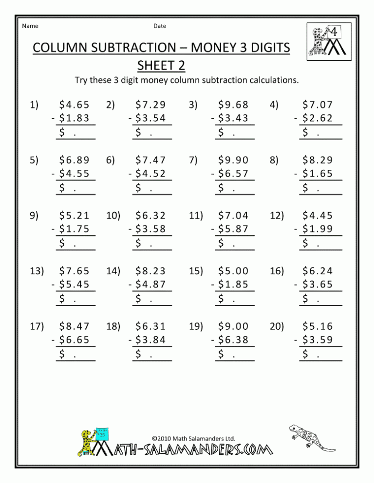 Multiplication Practice Sheets 4th Grade