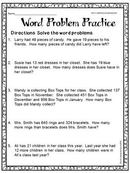 Printable Addition And Subtraction Word Problems 3rd Grade