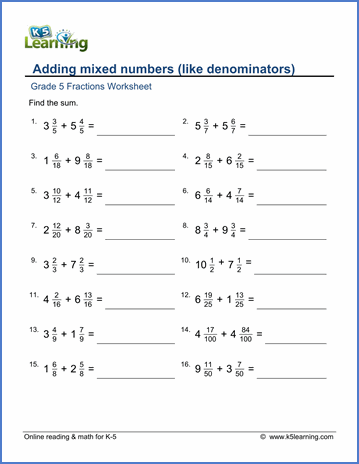 Mixed Numbers Worksheets Grade 5