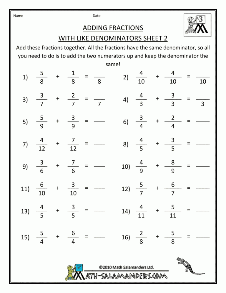 Addition Of Fractions Worksheets For Grade 3