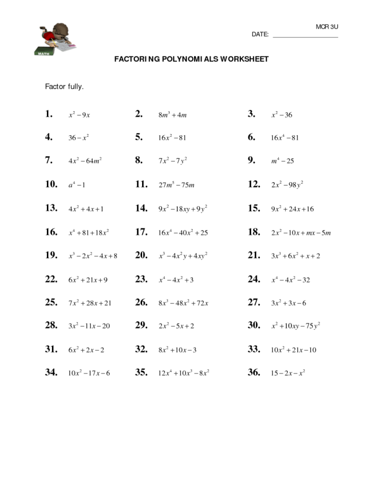 Algebra Factoring Practice Worksheet