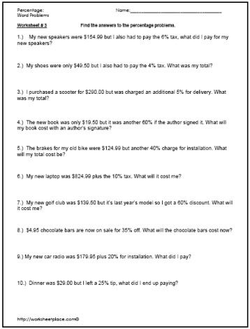 Percentage Word Problems Worksheet With Answers