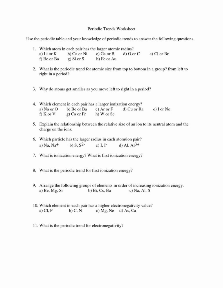 Periodic Trends Worksheet Key