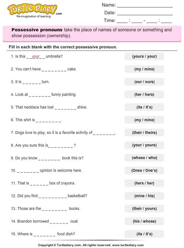 Class 4 Possessive Pronouns Worksheet With Answers