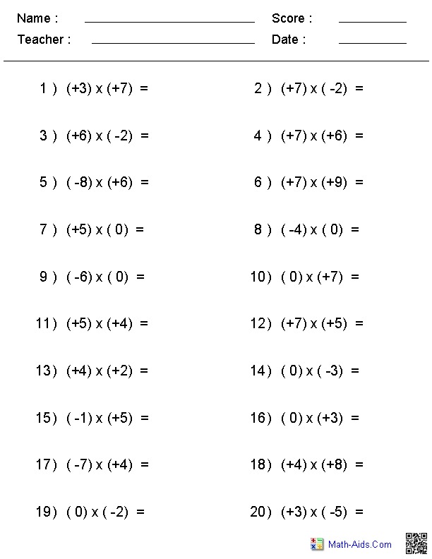 Integers Worksheet Grade 7 Adding And Subtracting