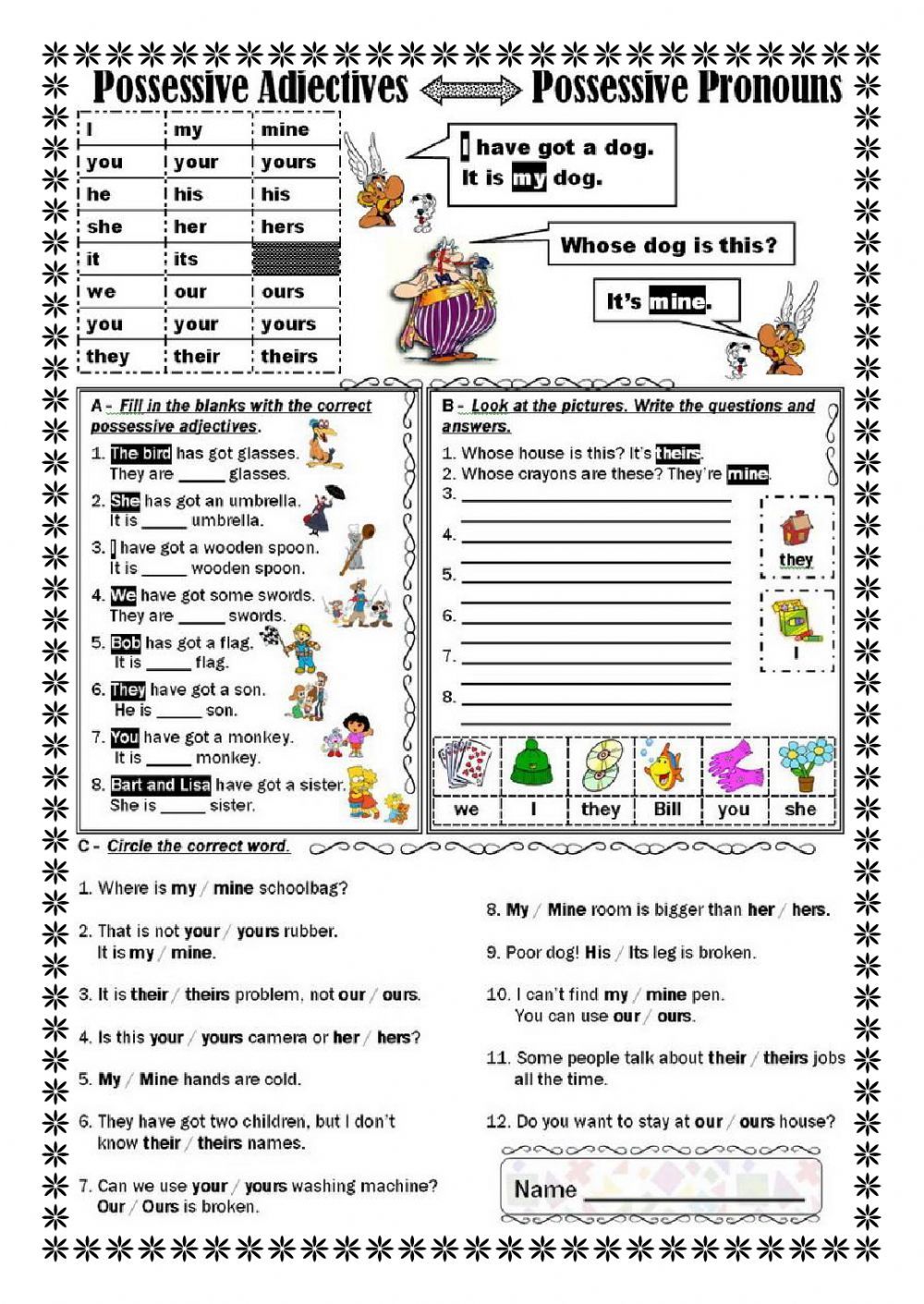 Possessive Adjectives Worksheet Pdf For Beginners