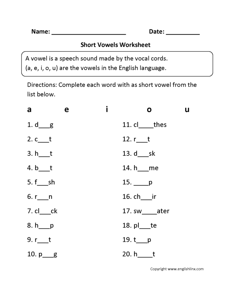 Vowels Worksheets For Grade 4