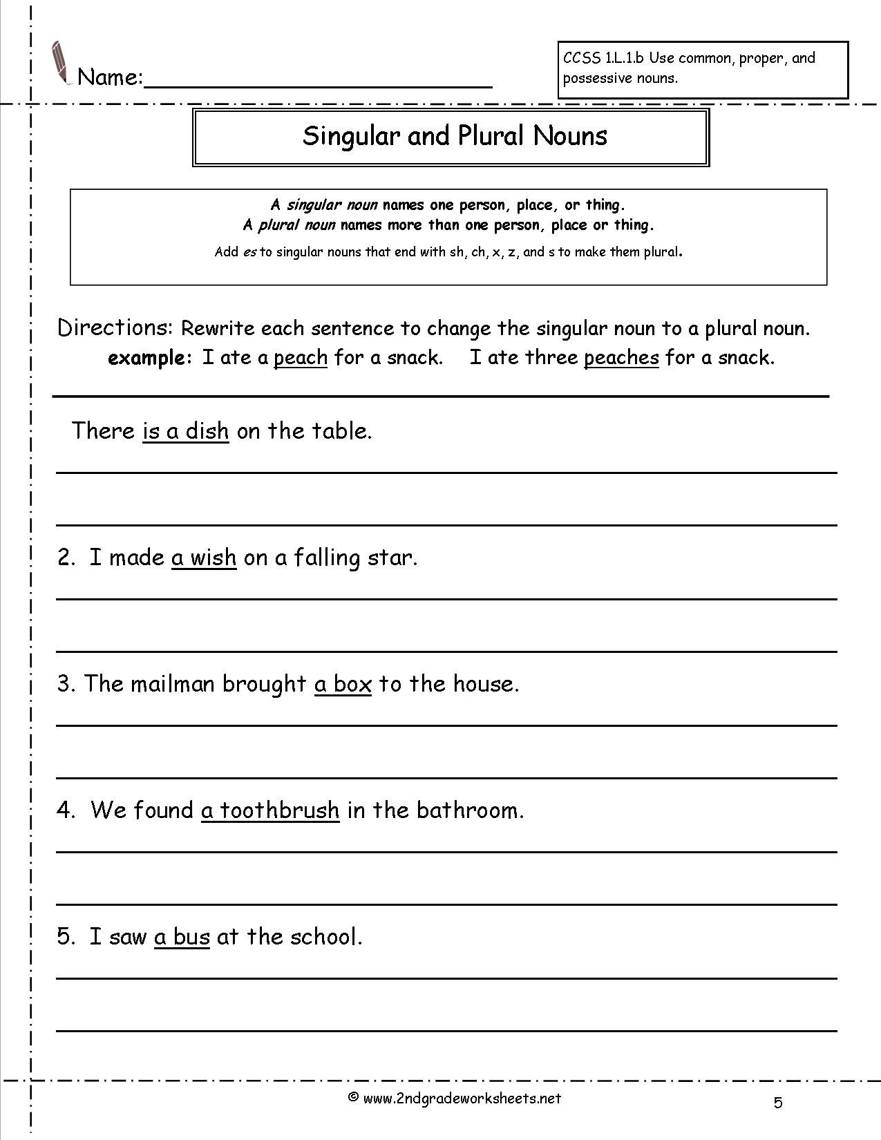 2nd Grade Singular And Plural Nouns Sentences Worksheets