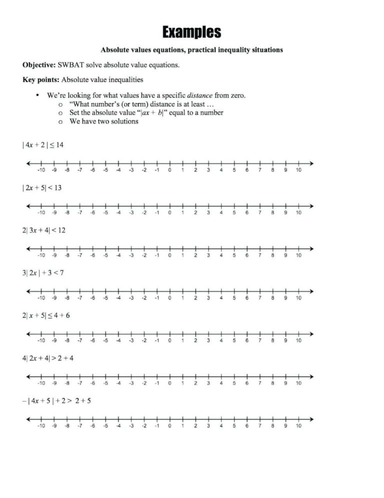 Absolute Value Worksheets With Number Lines