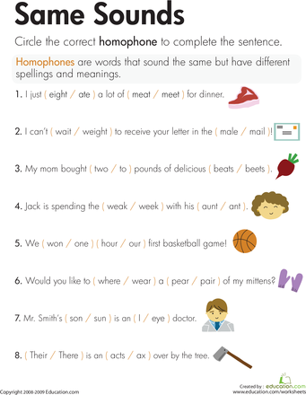 Grade 2 Homophones Sentences Worksheet