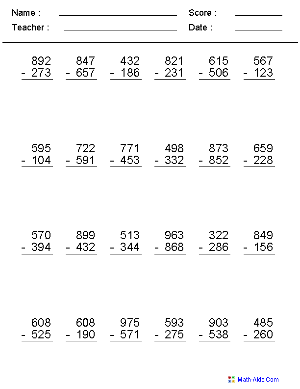 Subtraction Worksheets With Regrouping For 3rd Grade