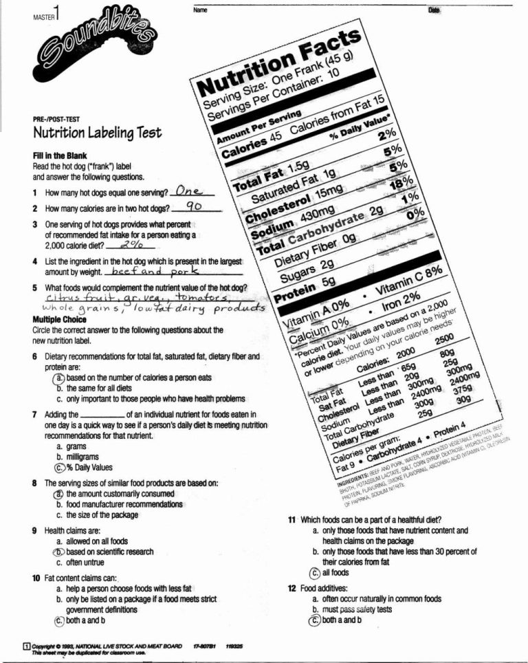 Food Labels Worksheet