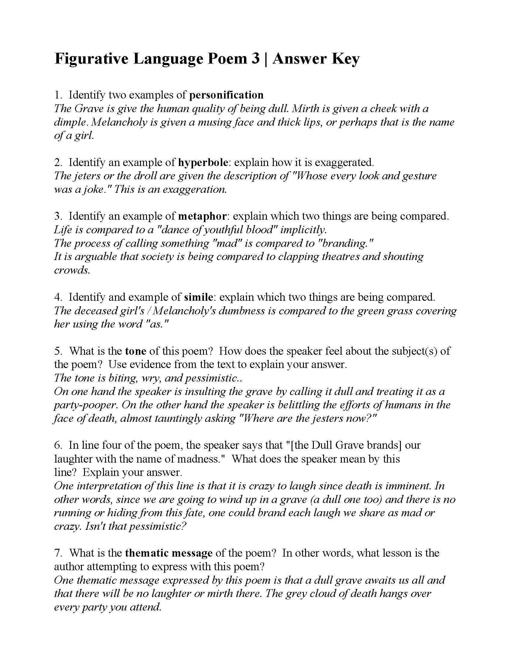 Figurative Language Worksheet 3 Explanations