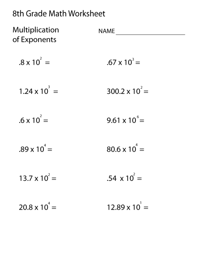 Free Printable Eighth Grade 8th Grade Math Worksheets